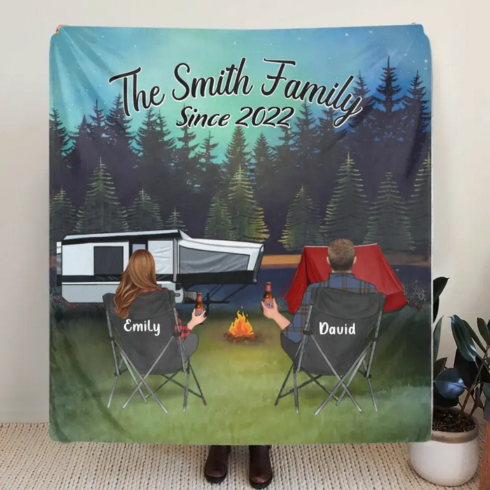 Personalized Camping Quilt/Single Layer Fleece Blanket - Gift Idea For Couple, Camping Lovers, Family - Upto 3 Kids, 3 Pets - The Family