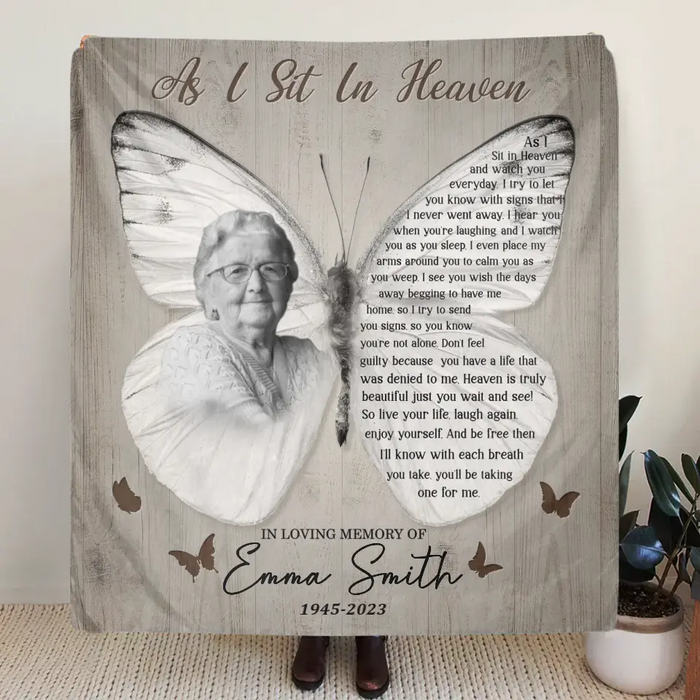 Custom Personalized Memorial Photo Single Layer Fleece/Quilt Blanket - Memorial Gift for Family - As I Sit In Heaven