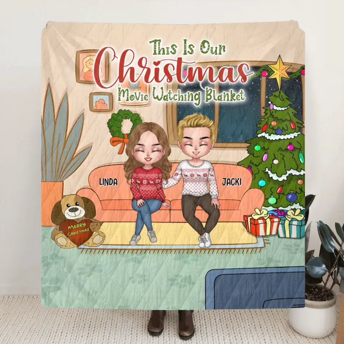 Custom Personalized Family Movie Watching Fleece Throw Blanket/ Quilt Blanket - Adult/Couple With Upto 2 Kids And 3 Pets - Christmas Gift For Couple/Family/ Dog/Cat Lover - This Is Our Christmas Movie Watching Blanket