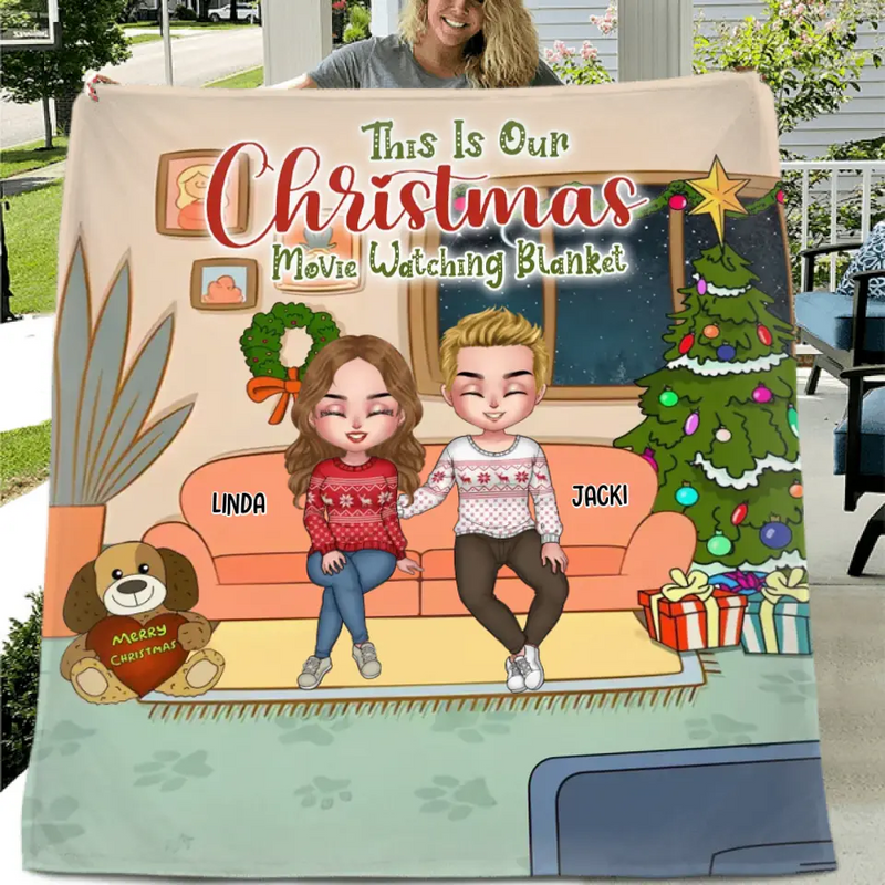 Personalized Family Movie Watching Fleece Throw Blanket/Quilt - Adult/Couple With Up to 2 Kids And 3 Pets - Christmas Gift For Couple/Family/Dog/Cat Lover - This Is Our Christmas Movie Watching Blanket