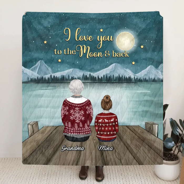 Custom Personalized Grandma & Grandkids Quilt/Single Layer Fleece Blanket - Gift Idea For Grandma - Up To 6 Grandkids - I Love You To The Moon & Back