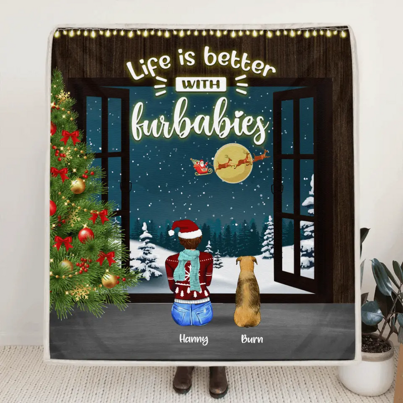 Personalized Christmas By Window Quilt/Fleece Blanket - Man/Woman/Couple With Up to 3 Kids, 4 Pets - Best Gift For Christmas - Life Is Better With Furbabies