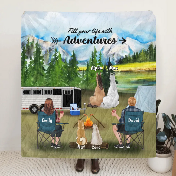 Custom Personalized Camping With Horses And Dogs Quilt/ Fleece Blanket - Couple With 2 Horses And 2 Dogs - Best Gift For Camping Lover