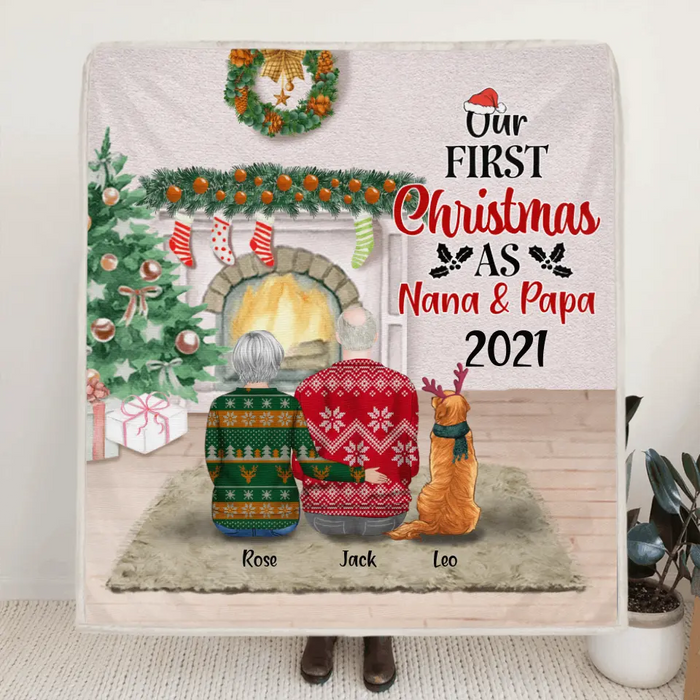 Custom Personalized First Christmas As Nana & Papa Quilt/ Fleece Blanket - Couple With Upto 4 Pets - Christmas Gift For Dog/ Cat Lover