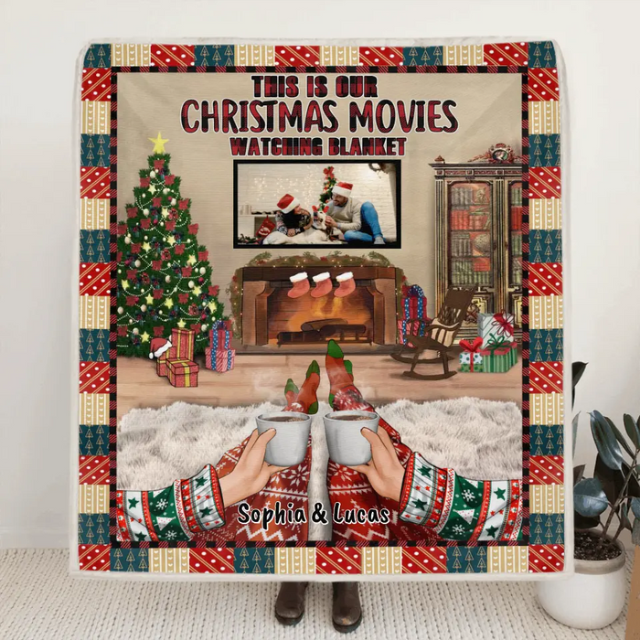 Custom Personalized Xmas Couple Custom Photo Pillow Cover & Quilt/ Fleece Blanket - Couple With Upto 4 Pets - Christmas Gift Idea For Couple - Our First Christmas Together