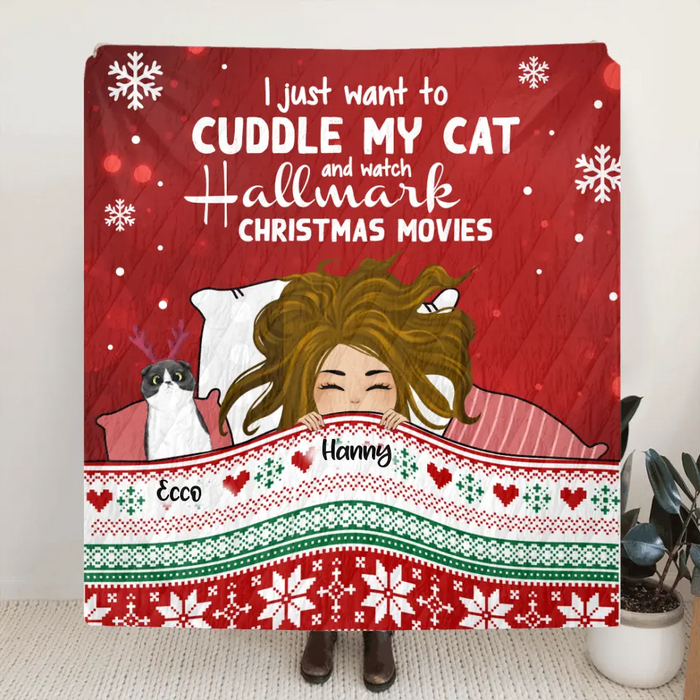 Custom Personalized Christmas Sleeping With Pets Quilt/ Fleece Blanket - Girl With Upto 4 Pets - Christmas Gift For Cat/ Dog Lover - I Just Want To Cuddle My Pets