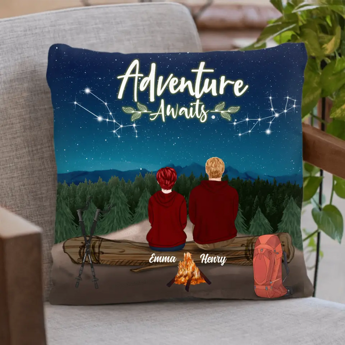 Custom Personalized Adventure Together Couple Pillow Cover & Quilt/ Fleece Blanket - Couple With Upto 6 Pets - Gift Idea For Couple - Adventure Awaits