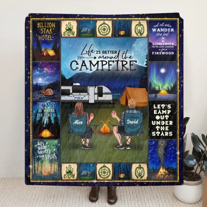 Custom Personalized Night Camping Husband & Wife Quilt/ Fleece  Blanket - Couple With Upto 6 Pets - Gift For Camping Lover - Life Is Better Around The Camfire