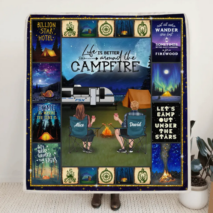 Custom Personalized Night Camping Husband & Wife Quilt/ Fleece  Blanket - Couple With Upto 6 Pets - Gift For Camping Lover - Life Is Better Around The Camfire