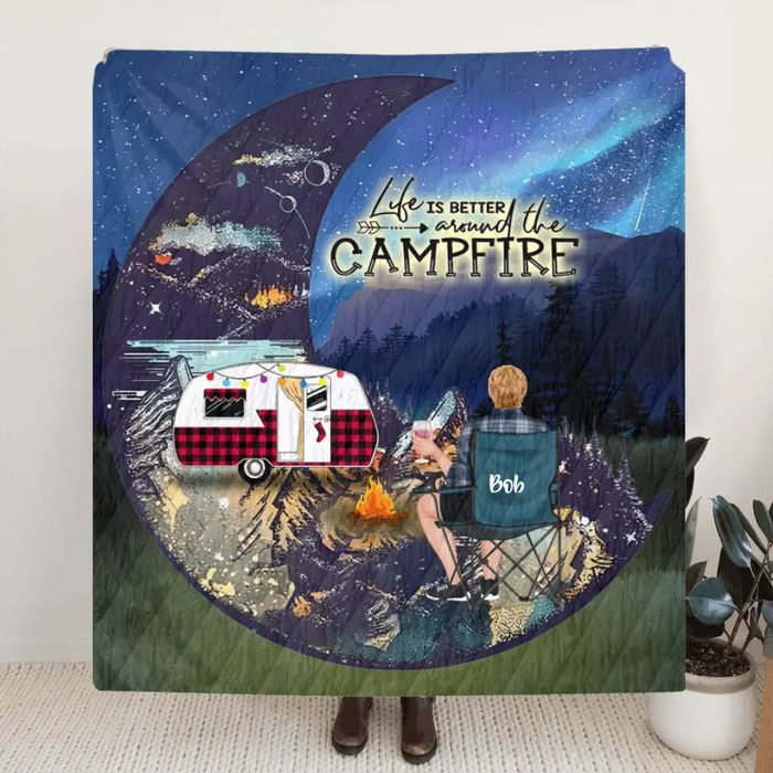 Custom Personalized Camping Moon Quilt/ Fleece Blanket - Man/ Woman/ Couple/ Parents With Upto 2 Kids And 4 Pets - Gift For Camping Lover