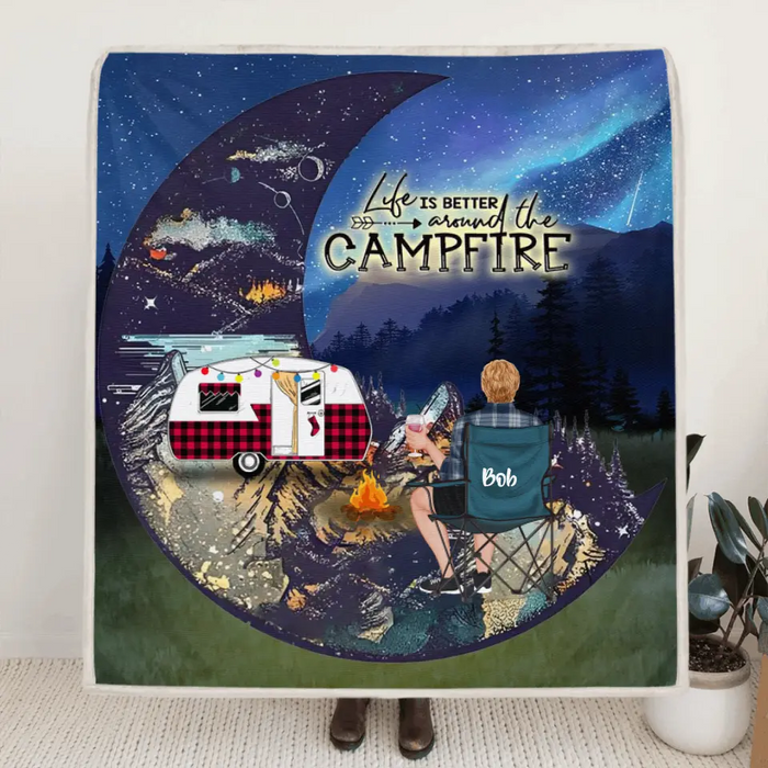 Custom Personalized Camping Moon Quilt/ Fleece Blanket - Man/ Woman/ Couple/ Parents With Upto 2 Kids And 4 Pets - Gift For Camping Lover