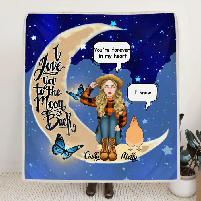 Custom Personalized I Love You To The Moon & Back Chicken Lover Quilt/ Fleece Blanket - Upto 5 Chickens