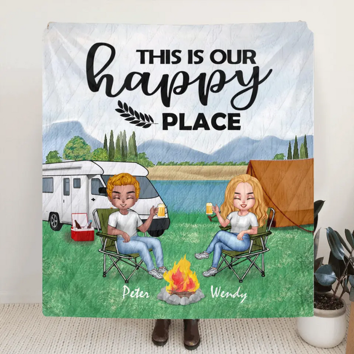 Custom Personalized Camping Chibi Quilt/ Fleece Blanket - Couple With Upto 3 Dogs - Gift Idea For Dog/ Camping Lover/ Couple - This is Our Happy Place