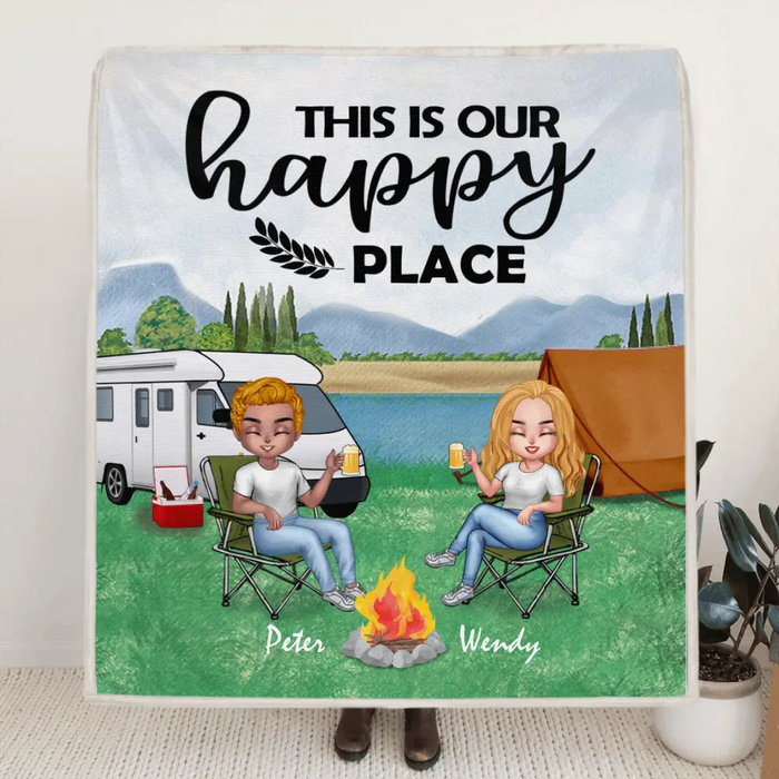 Custom Personalized Camping Chibi Quilt/ Fleece Blanket - Couple With Upto 3 Dogs - Gift Idea For Dog/ Camping Lover/ Couple - This is Our Happy Place