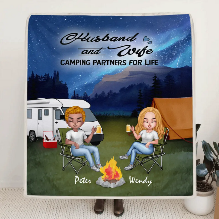 Custom Personalized Night Camping Chibi Quilt/ Fleece Blanket - Couple With Upto 3 Dogs - Gift Idea For Dog/ Camping Lover/ Couple - Husband And Wife Camping Partners For Life