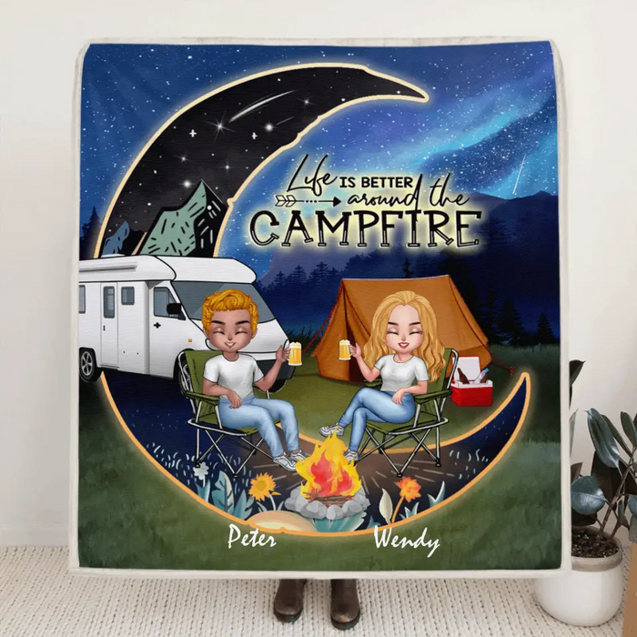 Custom Personalized Camping Moon Night Chibi Quilt/ Fleece Blanket - Couple With Upto 3 Dogs - Gift Idea For Camping Lover - Life Is Better Around The Campfire