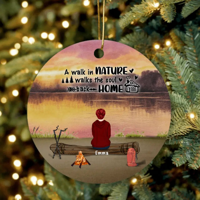 Custom Personalized Hiking Ornament - Man/ Woman/ Couple/ Parents With Upto 6 Pets And 4 Kids - Gift For Hiking Lover - Head For The Hills