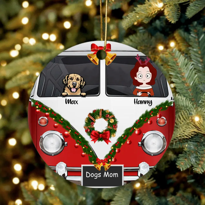 Custom Personalized Dog Mom With Camping Van Ornament - Mom With Upto 4 Dogs - Christmas Gift For Dog Lover