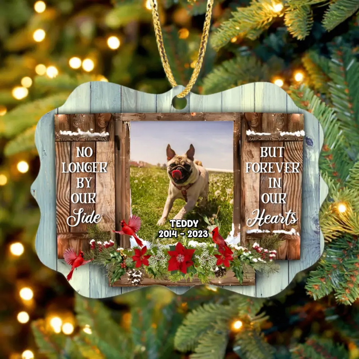 Custom Personalized Memorial Pet Photo Rectangle Wooden Ornament - Christmas/Memorial Gift Idea for Pet Owners - No Longer By Our Side But Forever In Our Hearts