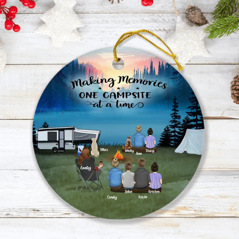 Personalized Camping Ornament - Adult/Single Parent With Up to 6 Kids, 6 Pets - Making Memories One Campsite At A Home - Full Option