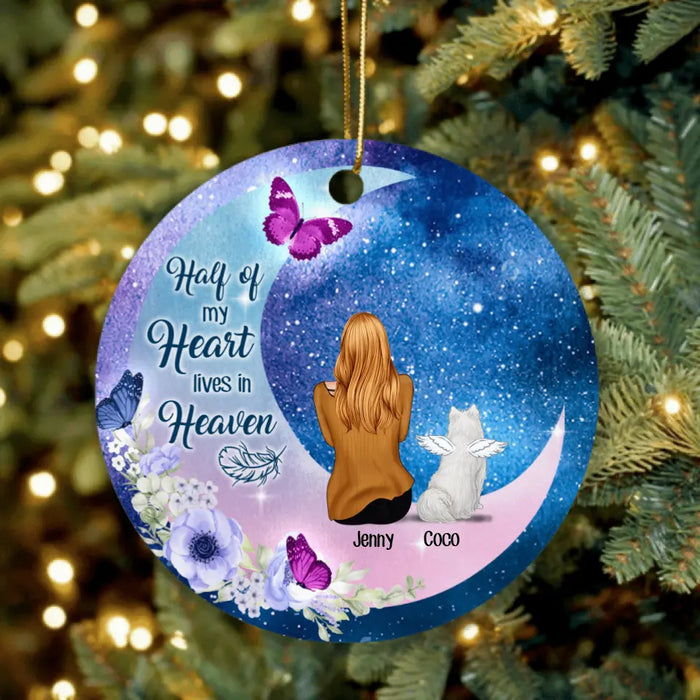 Custom Personalized Memorial Pet Mom Flower Moon Ornament - Woman With Upto 4 Pets - Best Gift For Cat/ Dog Lover - Half Of My Heart Lives In Heaven