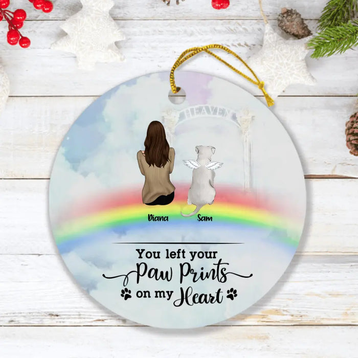 Custom Personalized Memorial Pets Ornament - Man/Woman With Upto 6 Pets - Memorial Gift For Dog Lovers/Cat Lovers - You Left Your Paw Prints On My Heart - AXSIO5