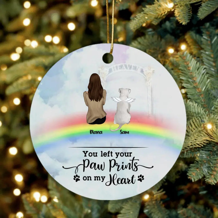 Custom Personalized Memorial Pets Ornament - Man/Woman With Upto 6 Pets - Memorial Gift For Dog Lovers/Cat Lovers - You Left Your Paw Prints On My Heart - AXSIO5