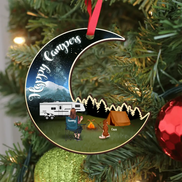 Custom Personalized Camping Moon Ornament - Solo/ Couple With Upto 4 Pets - Best Gift For Camping Lover - Happy Campers