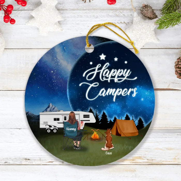 Custom Personalized Camping Moon Ornament - Solo/ Couple With Upto 4 Pets - Best Gift For Camping Lover - Happy Campers