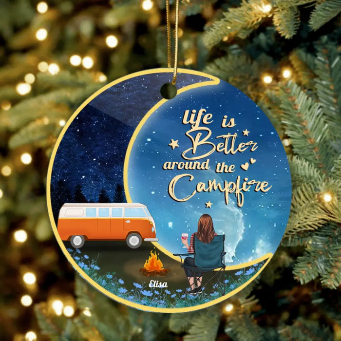 Custom Personalized Camping Moon Ornament - Man/ Woman/ Couple - Best Gift For Camping Lover - Life Is Better Around The Camfire