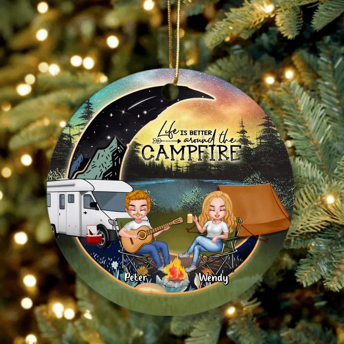 Custom Personalized Camping Moon Ornament - Gift Idea For Camping Lover/ Couple/ Dog Lover - Couple With Upto 3 Dogs - Life Is Better Around The Campfire