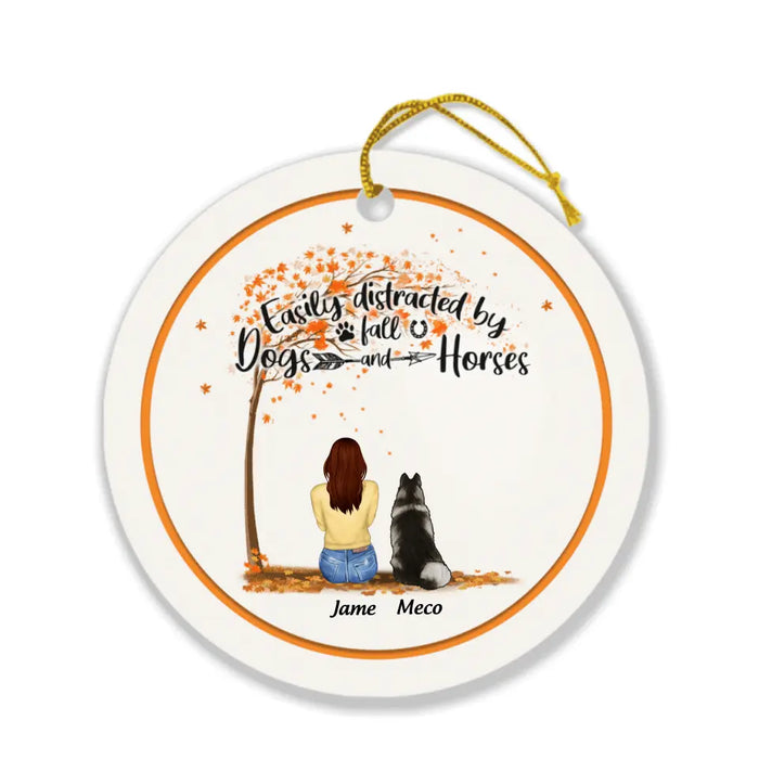 Personalized Horse Dog Mom In Autumn Ornament - Upto 3 Horses/ Dogs - Easily Distracted By Fall Dogs And Horses