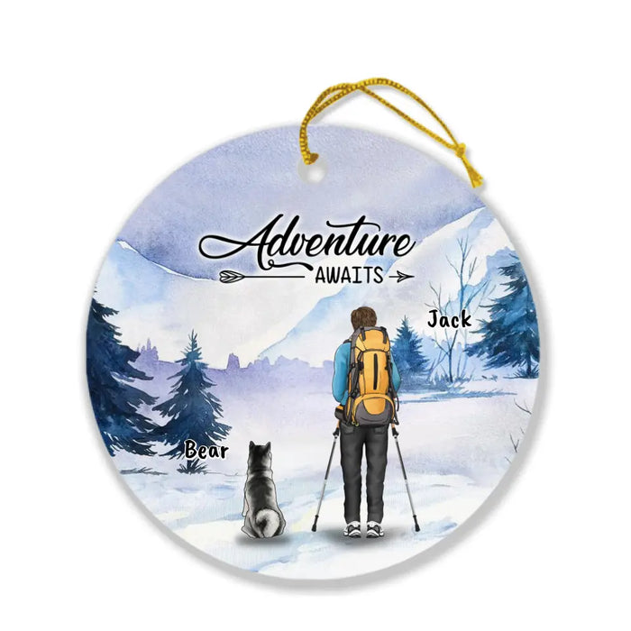 Custom Personalized Winter Hiking Ornament - Upto 2 Dogs - Best Gift For Hiking Lover - Adventure Awaits