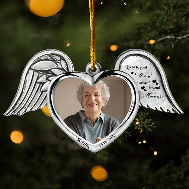 Personalized Memorial Wings Aluminum Ornament - Memorial Gift Idea For Christmas/Family Member - Upload Photo - Loved Beyond Words Missed Beyond Measure