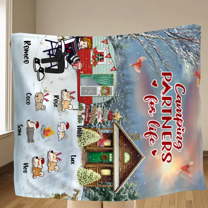 Custom Personalized Christmas Camping Quilt/Single Layer Fleece Blanket - Adult/ Couple With Upto 6 Pets - Christmas Gift For Dog/ Cat Lover - Camping Partners For Life