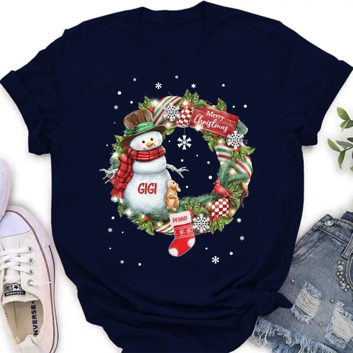 Custom Personalized Grandma Mom Snowman Christmas Wreath Shirt/Hoodie - Christmas Gift For Grandma/ Nana/ Mother -  Up to 10 Kids