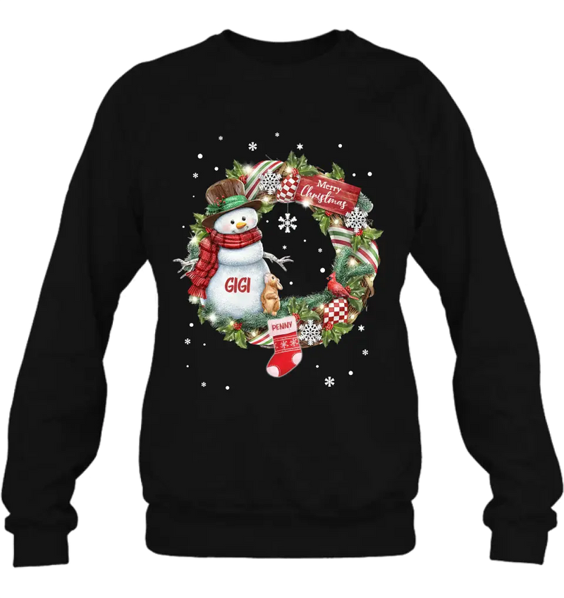 Personalized Grandma Mom Snowman Christmas Wreath Shirt/Hoodie - Christmas Gift For Grandma/Nana/Mother -  Up to 10 Kids