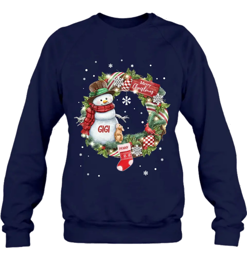Personalized Grandma Mom Snowman Christmas Wreath Shirt/Hoodie - Christmas Gift For Grandma/Nana/Mother -  Up to 10 Kids