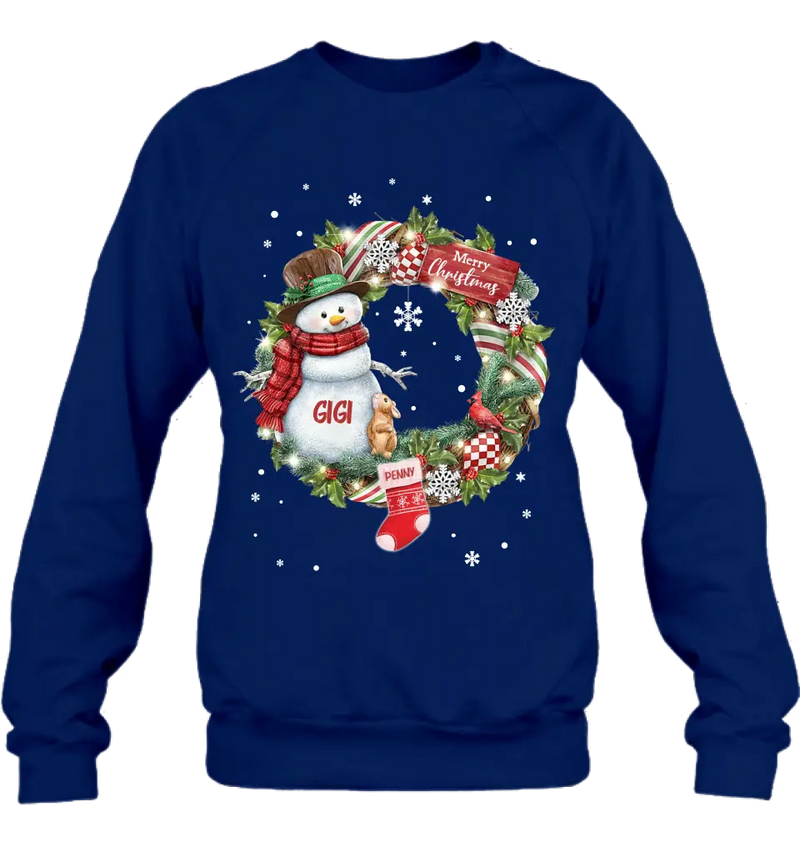 Personalized Grandma Mom Snowman Christmas Wreath Shirt/Hoodie - Christmas Gift For Grandma/Nana/Mother -  Up to 10 Kids