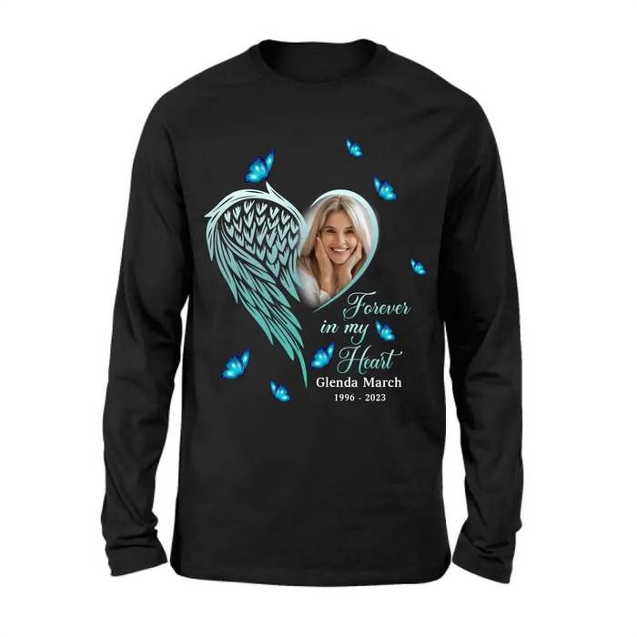 Custom Personalized Memorial Wing Heart Shirt/ Hoodie - Upload Photo - Memorial Gift Idea For Family - Forever In My Heart