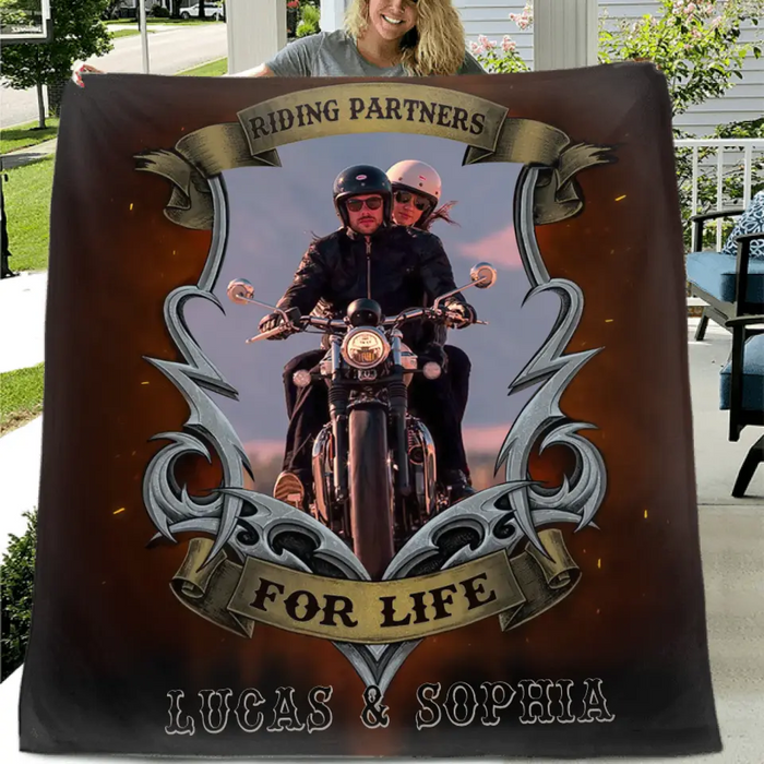 Custom Personalized Riding Couple Quilt/Single Layer Fleece Blanket - Gift Idea For Riding Lover/Couple/Him/Her - Riding Partners For Life