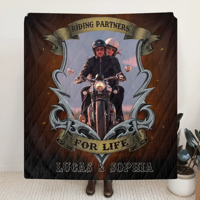 Custom Personalized Riding Couple Quilt/Single Layer Fleece Blanket - Gift Idea For Riding Lover/Couple/Him/Her - Riding Partners For Life