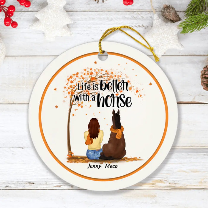 Personalized Horse Mom In Autumn Ornament - Girl With Upto 3 Horses - Best Gift For Horse Lover - Life Is Better With Horses