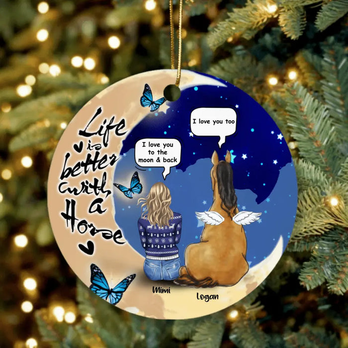 Custom Personalized Memorial Horse Moon Ornament - Woman With Upto 2 Horses - Life Is Better With A Horse