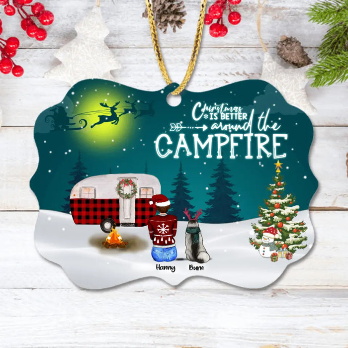 Custom Personalized Christmas Camping Ornament - Adult/ Couple / Family With Up to 4 Pets and Upto 3 Kids - Christmas Gift For Dog/ Cat Lover - Christmas Is Better Around The Campfire