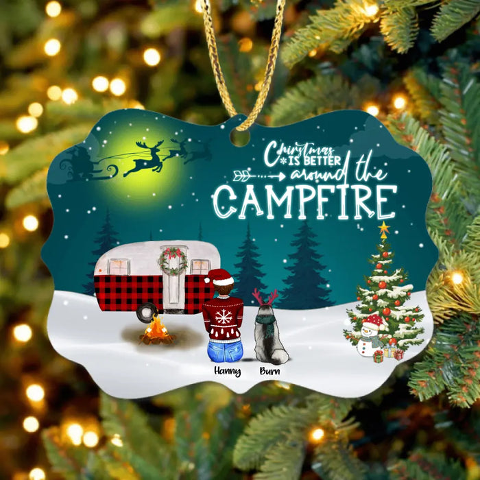 Custom Personalized Christmas Camping Ornament - Adult/ Couple / Family With Up to 4 Pets and Upto 3 Kids - Christmas Gift For Dog/ Cat Lover - Christmas Is Better Around The Campfire