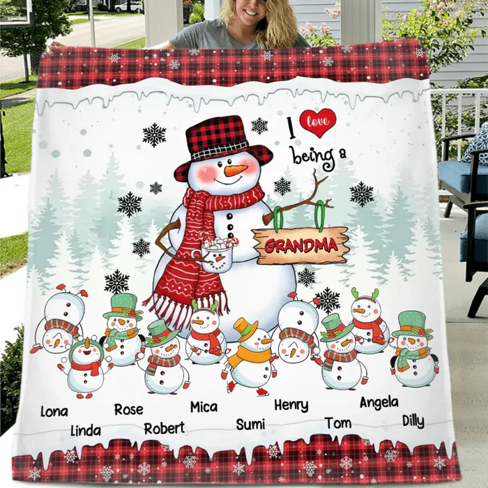 Custom Personalized Christmas Snowman Grandma Quilt/Single Layer Fleece Blanket - Upto 10 Grandkids - Christmas Gift Idea For Grandma - I Love Being A Grandma