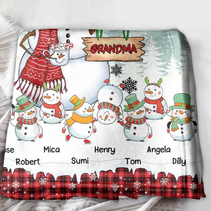 Custom Personalized Christmas Snowman Grandma Quilt/Single Layer Fleece Blanket - Upto 10 Grandkids - Christmas Gift Idea For Grandma - I Love Being A Grandma