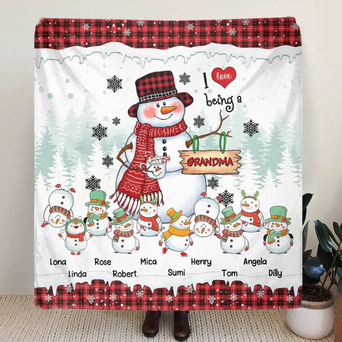 Custom Personalized Christmas Snowman Grandma Quilt/Single Layer Fleece Blanket - Upto 10 Grandkids - Christmas Gift Idea For Grandma - I Love Being A Grandma