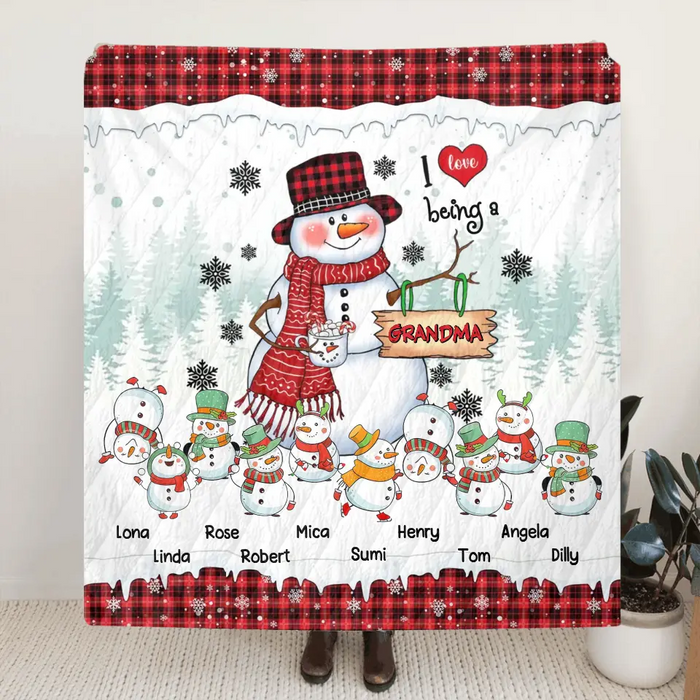 Custom Personalized Christmas Snowman Grandma Quilt/Single Layer Fleece Blanket - Upto 10 Grandkids - Christmas Gift Idea For Grandma - I Love Being A Grandma